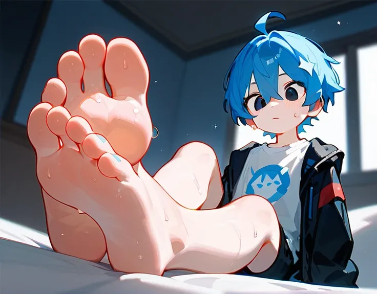 on the bed，A cute boy showing his feet，leg，Two feet，sit on the chair，Foot Focus，look down，black eyes，barefoot，Blue Hair，There are bangs between the eyes, Blue unicorn，black eyes，White T-shirt，Black jacket，Black pants，Sweating on the soles of the feet，Anato...