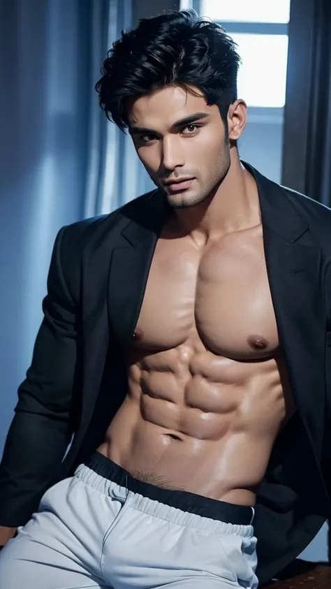 A muscular handsome man, (face: Rohit Khandelwal), extremely detailed face, perfect face, short hairstyle, looking at viewer romantically, sapphire blue jacket, black pants, shirtless, sexy look, smooth skin, 