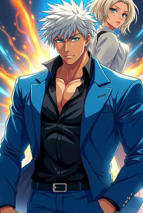 Satoru Gojo,Youngh,,brawny,White hair,blue green eyes,open blue suit with a black shirt underneath, a white woman with short blonde hair in the background,anime image.