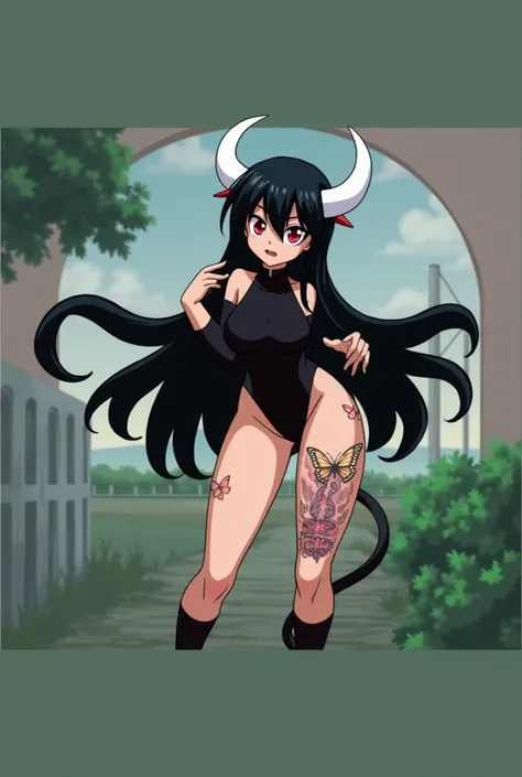 Anime mommy with black hair y2k style Tied up and messy in the front and white horns and sexy bodysuit, with red eyes And a naughty face, Also put big butterfly tattoo On one thigh and Japanese letters on the other thigh