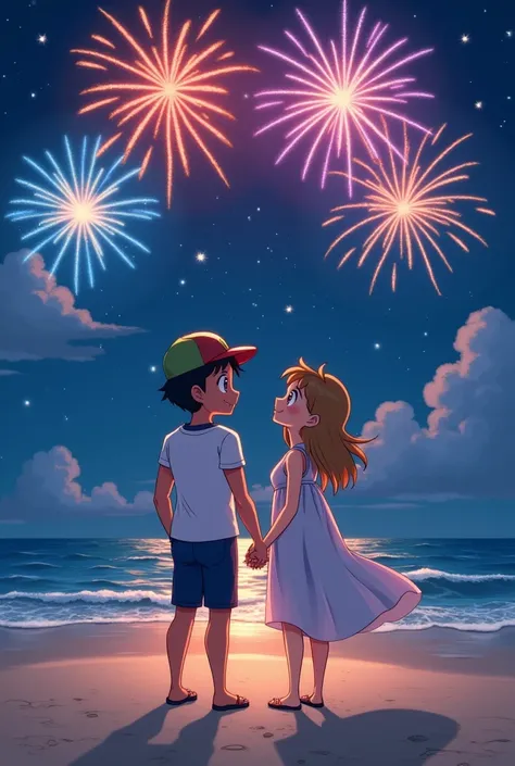 Draw a picture of Ash and Misty as adults on the beach at night, setting off fireworks as a couple..
