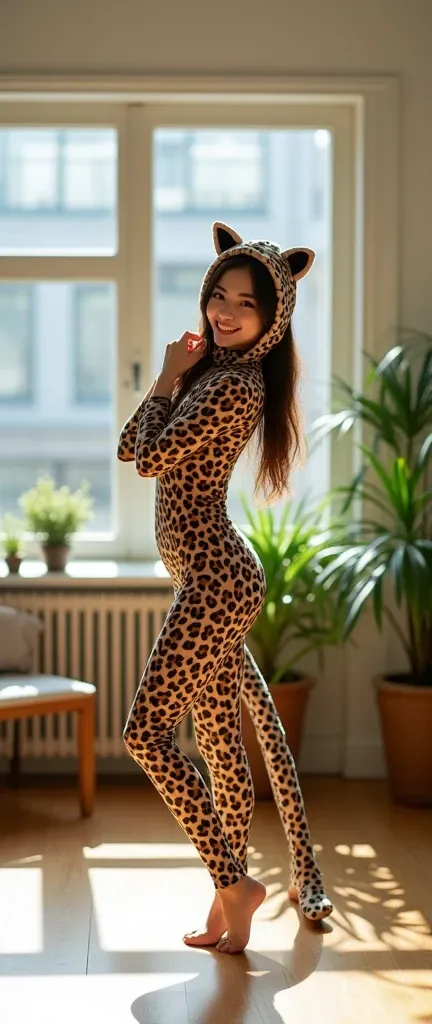 The beautiful and thin Chinese adult contortion girl with beautiful cheeks wears leopard-like zebra lycra dancewear turtleneck unitard catsuit with a long leopard tail.She always wear white leopard print lycra elastane dancewear hijab-like zentai hood with...