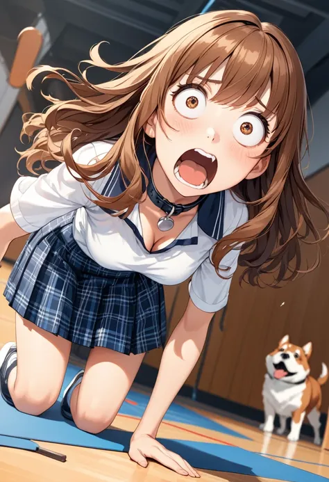 detailed illustration, dynamic angle, ultra-detailed, illustration, 1girl, 18 year old, school girl, white blouse, blue plaid skirt, cleavage, wavy brown hair, long hair, bright brown eyes, cleavage, medium breasts, wide eyes, shock, surprised, shocked eye...