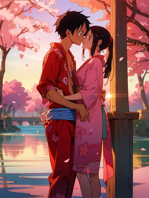 Masterpiece quality, 8k, a boy, monkey d Luffy and a girl,boa Hancock, under cherry blossom trees, drifting cherry blossoms, sunset, onepiece, Luffy, Hancock,couple,cute,pose, couple, kissing