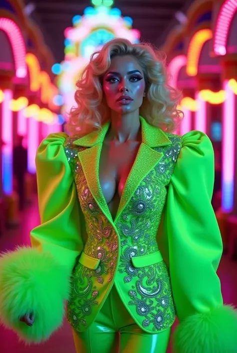 Create a real photo of the best drag queen eye-catching Haute Couture and make it a unique outfit with a neon suit full of shiny details and large green sleeves of the body and that her hair is young-looking blonde and that her suit is full of life the bac...