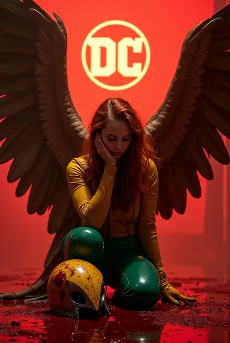 A beautiful woman Gaia Weiss under the mantle of the Thanagarian Warrior Shayera Holl aka Hawkgirl Long red hair on her knees with her hands on her face screaming exhausted after a battle blood around her Top in yellow leather with thick straps sticking ou...