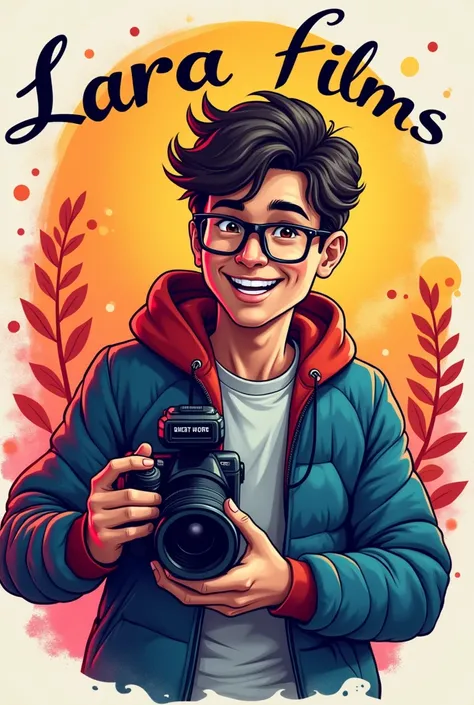 Videomaker logo with a young male wearing glasses holding a recording camera and with the name Lara films