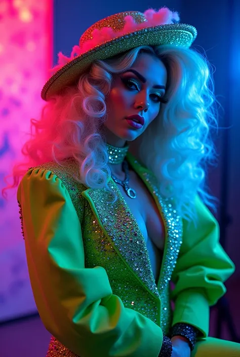 Create a realistic photo of the most glamorous drag queen. High fashion and a unique outfit with a neon suit full of shiny details and large green sleeves on the body, and her hair should be blonde. She appears young and her outfit is full of life. The bac...