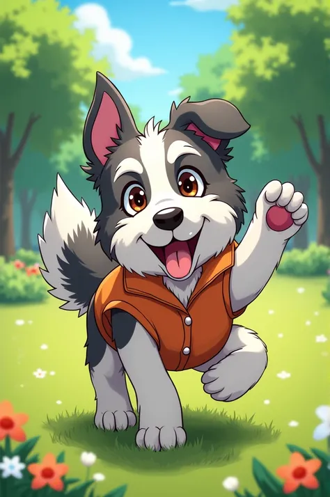 Anime-style drawing of a bearded Collie dog, lead and white in color, wearing a large orange vest, showing its paw