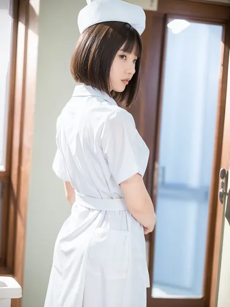 woman, alone, (wearing white nurse clothes:1.2), (bobcut), shortcuts,bangs, black hair, nurse, perfect anatomy, nurse uniform, (...