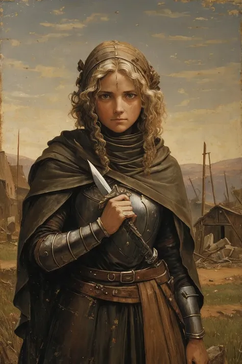 A painting of a woman, mid 30s, tired, crazed cold eyes, mended armor, rags poking through gaps of the armor, bandages, no helmet, curly ratty hair, stern eyes, scarred weathered face, boney cheeks, pale, covered in old blood and puss, fraying bandages hol...