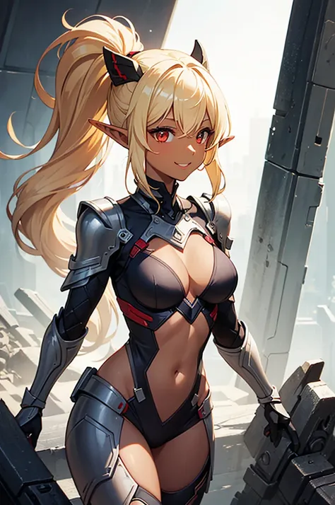 Beautiful images,Detailed Images,Official image,(Background of the base),One Woman,Blonde,Red Eyes,Ponytail Hair,Model body type,(Dark Skin:1.3),Elf Ears,Large Breasts,(Bioarmor:1.3),Smile small,