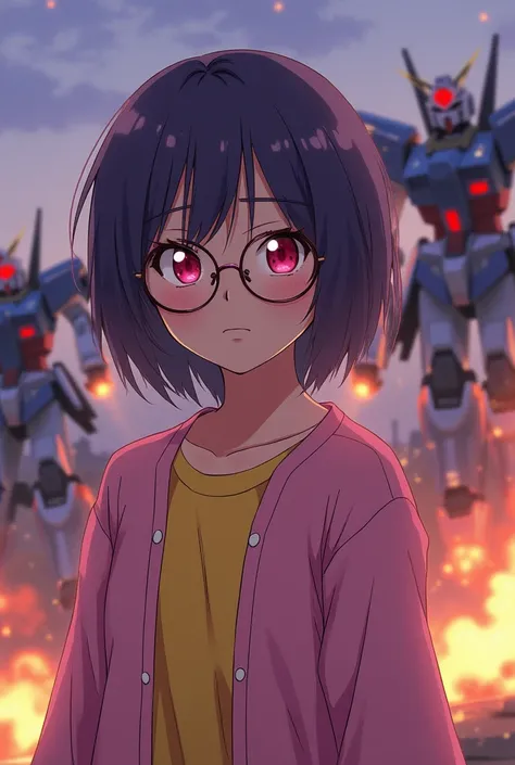 Rimless oval-shaped glasses　Eye color: Red　Slanted Eyes　Dark purple hair　Side-swept bangs　Straight shoulder-length hair that doesn&#39;t cover the ears　　Fair skin　A yellow shirt with a pink cardigan　mysterious　Sulky look　Beautiful Boy　Gundam