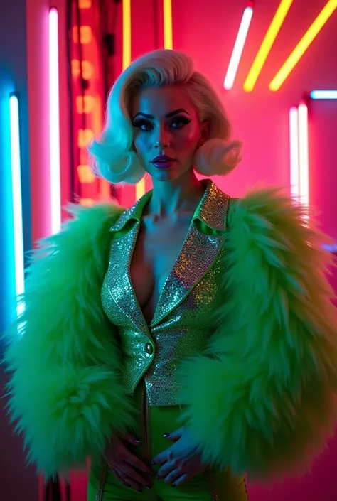 Create a realistic photo of the most eye-catching drag queen. High fashion and a unique outfit with a neon closed suit full of shiny details and large green sleeves on the body and blonde hair. She looks young and her outfit is full of life. The background...