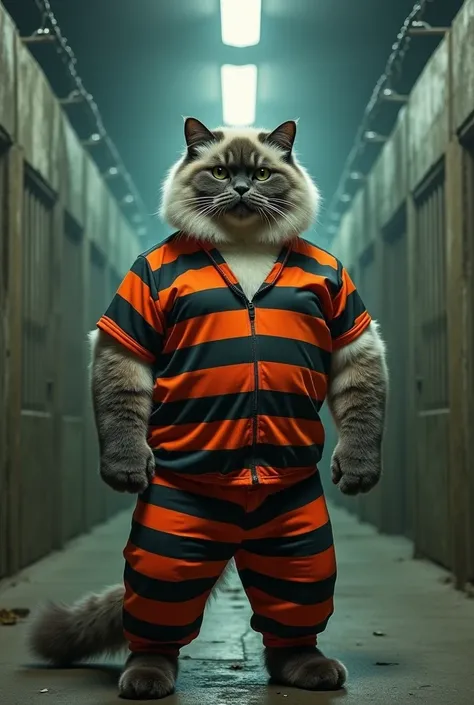 Ragdoll Ragdoll cat with huge muscles like bodybuilding champions wearing prison clothes realistic real