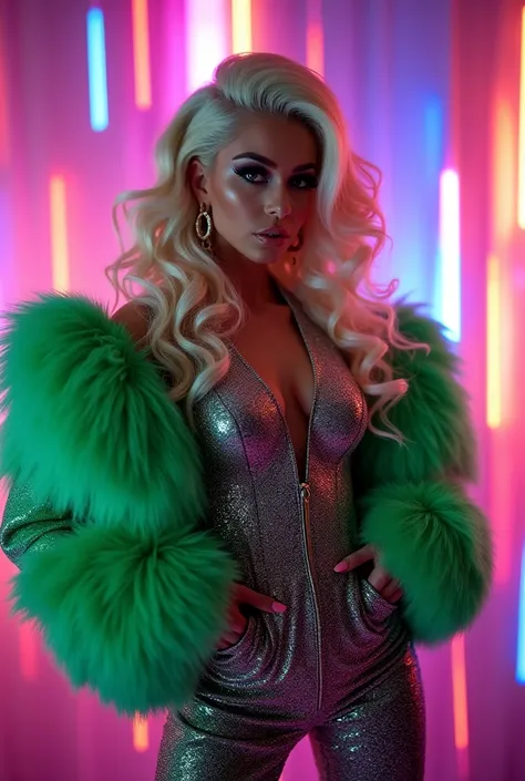 Create a realistic photo of the best eye-catching drag queen. High fashion and a unique outfit with a neon closed suit full of shimmering details and large green sleeves on the body. Her hair should be blonde, young-looking, and her outfit should be full o...