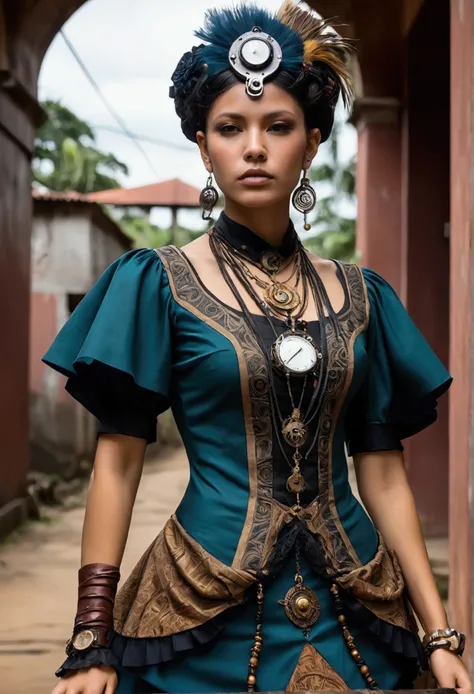 Cyberpunk and steampunk clothing mixing amazonic indigenous and Belenense aristocracy of the Belle epoque of Pará. Tule delicate modern style