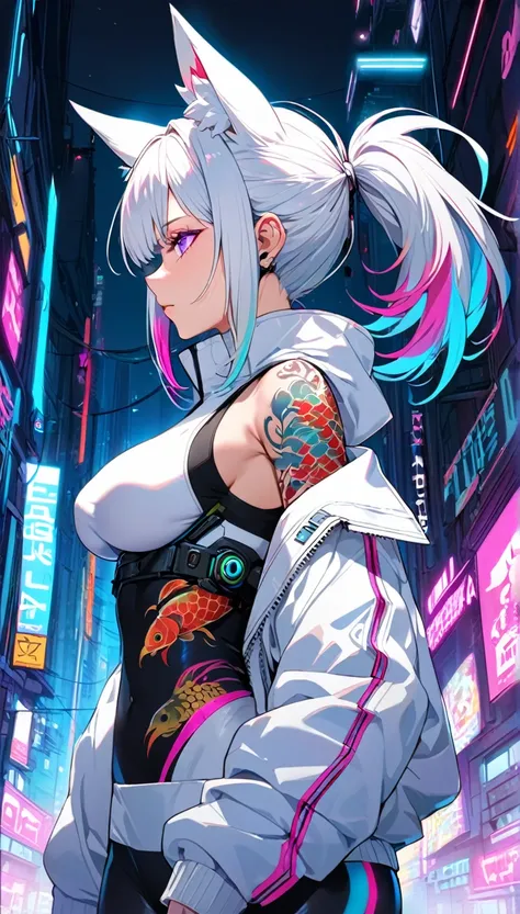 1woman, long white hair with pink and cyan tips,Muticolored hair, fox ears, purple eyes, wearing a white coat, leggings, wearing white undershirt, tattoos on arms,  colorful koi tattoo, showing body, medium-big breasts, cyberpunk, profile picture perspecti...