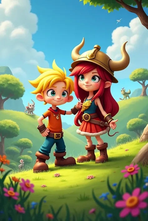 Rayman, a boy without limbs, blonde next to Barbara, a red-haired girl with a Viking helmet