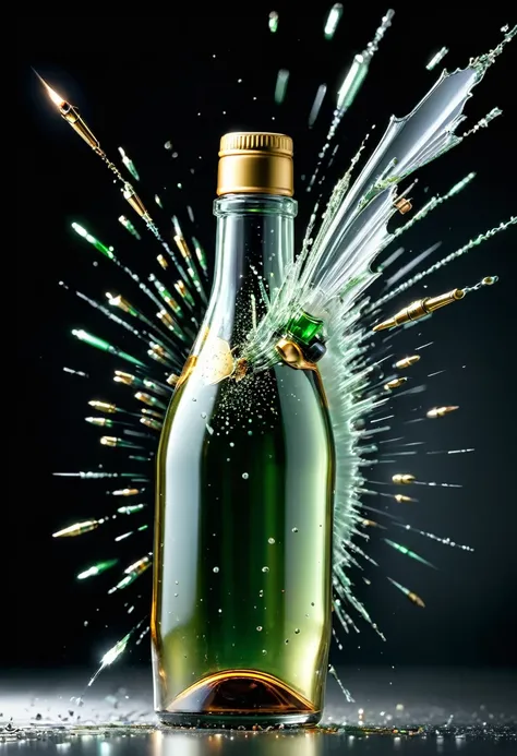 long exposure photo of a{bullet breakthrough a bottle and scattered it}in motion, scattered fragmented glass, vertical angle sho...