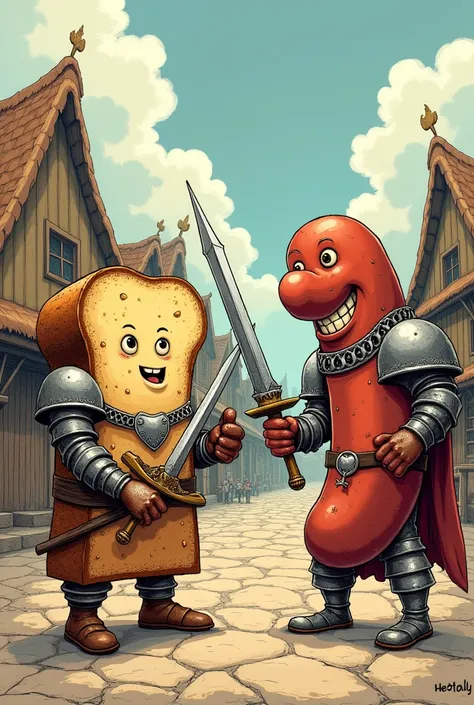 Bread fighting with a medieval manga sausage