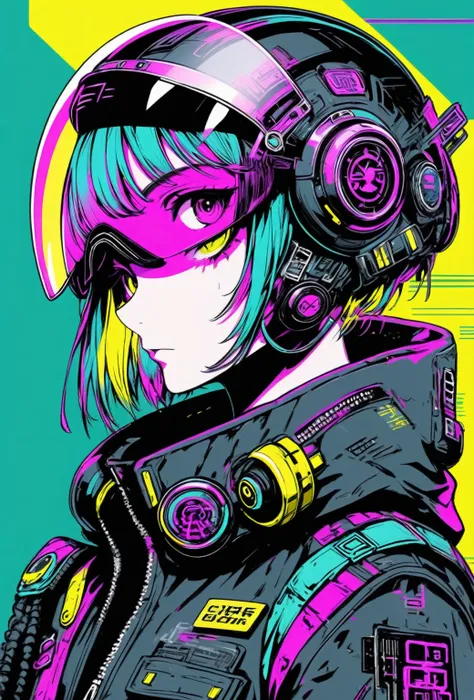 (masterpiece,Highest quality,Super detailed,Ultra-high resolution,Detailed Background),((cyber punk)),((Flat Color)),((colorful)),(One person),pilot,pilot helmet,pilot jacket,View your viewers,alone,Upper Body,Colored Background,High Contrast,Contrasting c...