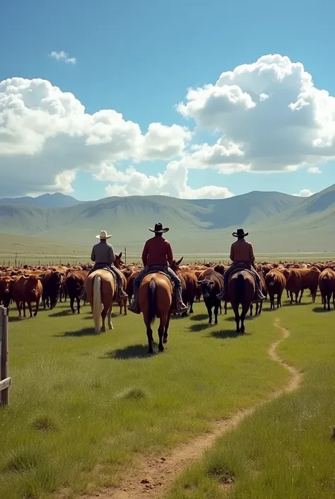 Cattle ranches with bulls and cows and horsemen 