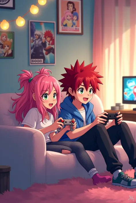 Mina ashido My hero academia casual clothes in her room playing video games with eijito kirishima