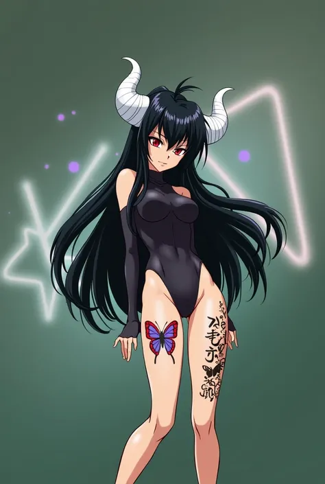 Anime mommy with black hair y2k style Tied up and messy in the front and white horns and sexy bodysuit, with red eyes And a naughty face, Also put big butterfly tattoo On one thigh and Japanese letters on the other thigh