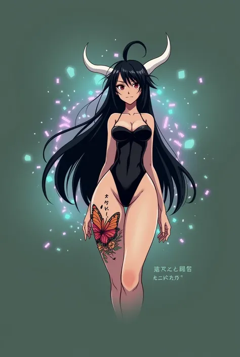 Anime mommy with black hair y2k style Tied up and messy in the front and white horns and sexy bodysuit, with red eyes And a naughty face, Also put big butterfly tattoo On one thigh and Japanese letters on the other thigh