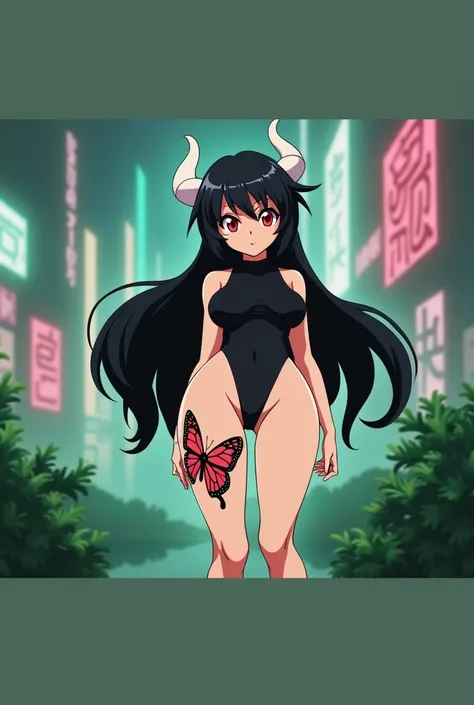 Anime mommy with black hair y2k style Tied up and messy in the front and white horns and sexy bodysuit, with red eyes And a naughty face, Also put big butterfly tattoo On one thigh and Japanese letters on the other thigh