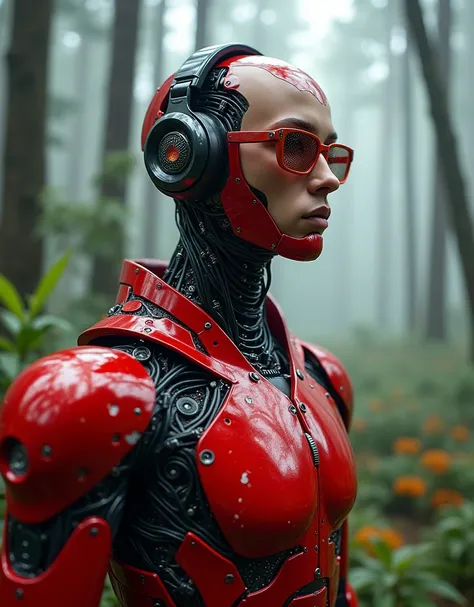 A highly detailed 20-year-old male robot cyborg, resembling a mannequin, with a focus from the shoulders up, looking slightly towards the camera. The cyborg should have a futuristic and sleek appearance, featuring polished red metal with intricate biomecha...