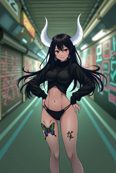 Anime mommy with black hair y2k style Tied up and messy in the front and white horns and sexy bodysuit, with red eyes And a naughty face, Also put big butterfly tattoo On one thigh and Japanese letters on the other thigh