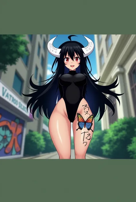 Anime mommy with black hair y2k style Tied up and messy in the front and white horns and sexy bodysuit, with red eyes And a naughty face, Also put big butterfly tattoo On one thigh and Japanese letters on the other thigh