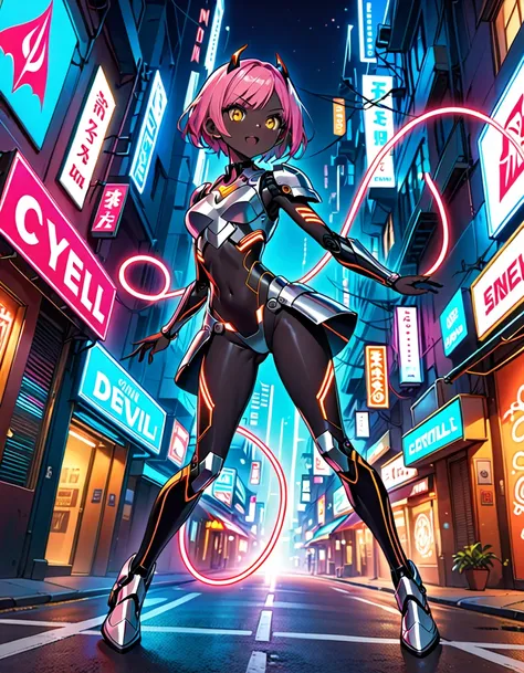 (((masterpiece, best quality, 16k))) female character with short pink hair and golden eyes. she wears a cybernetic armor in neon...