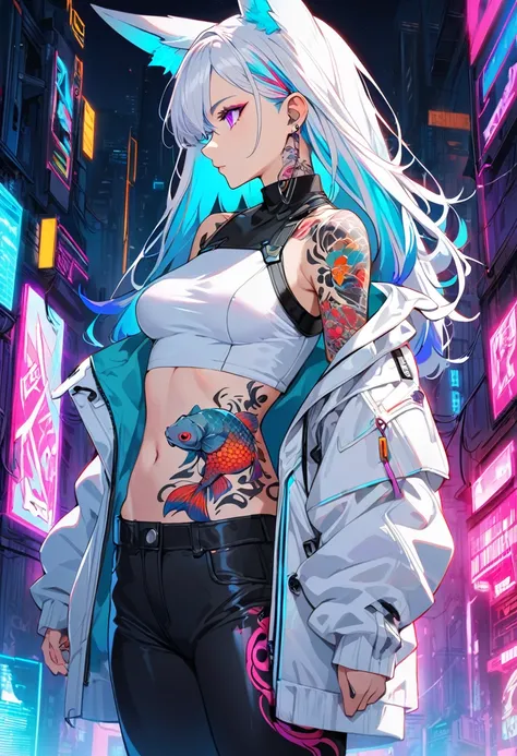 1woman, long white hair with pink and cyan tips,Muticolored hair, fox ears, purple eyes, wearing a white coat, wearing black pants, wearing white undershirt, tattoos on arms,  colorful koi tattoos, showing body, medium breasts, cyberpunk, profile picture p...