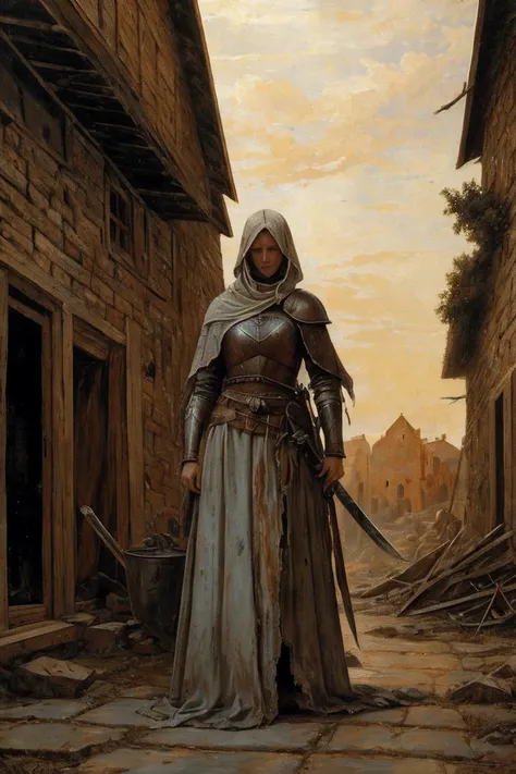 A painting of a woman, mid 30s, tired, crazed cold eyes, mended armor, rags poking through gaps of the armor, bandages, no helmet, curly ratty hair, stern eyes, scarred weathered face, boney cheeks, pale, covered in old blood and puss, fraying bandages hol...