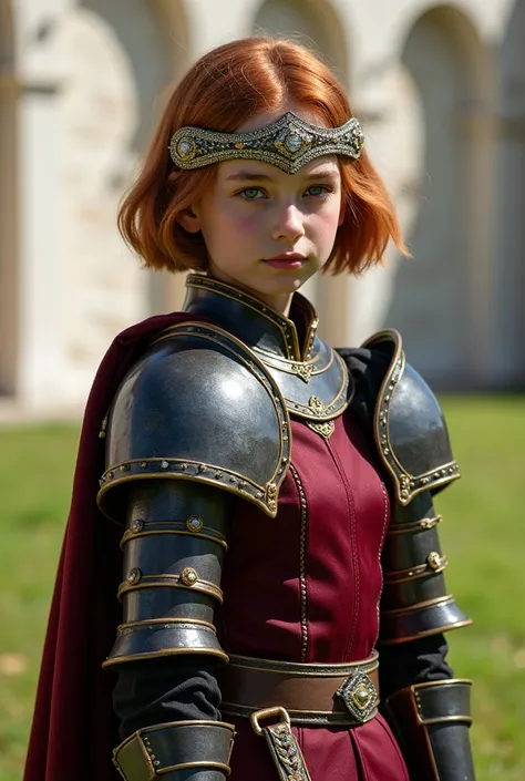 A young beautiful princess with short chestnut colored hair and light brown eyes, wearing a maroon and black armor with gold linings together with her headdress made with diamonds, holding her 2 claymore, standing at the training grounds of the white kingd...