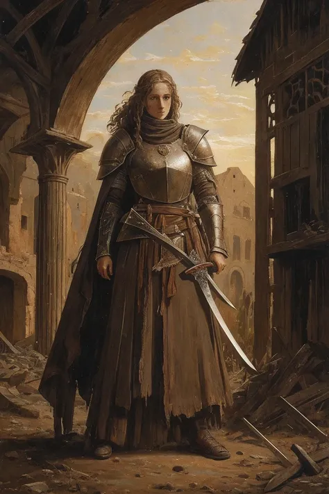 A painting of a woman, mid 30s, tired, crazed cold eyes, mended armor, rags poking through gaps of the armor, bandages, no helmet, curly ratty hair, stern eyes, scarred weathered face, boney cheeks, pale, covered in old blood and puss, fraying bandages hol...