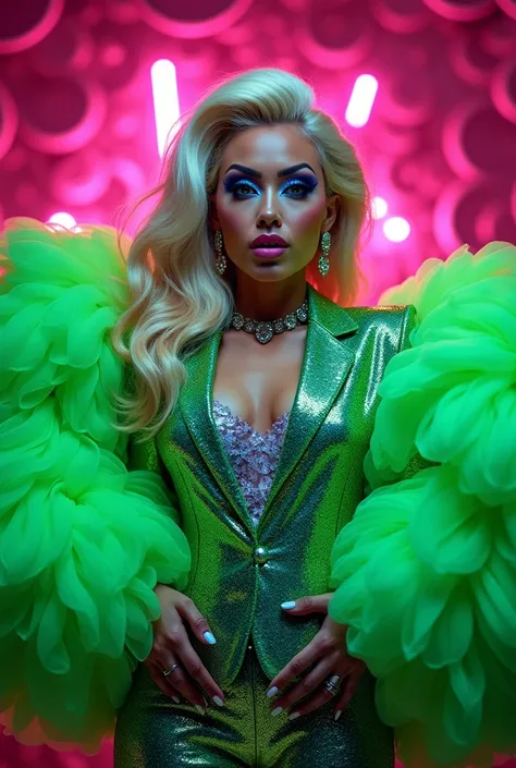 Create a realistic photo of the best eye-catching drag queen. High fashion and a unique outfit with a neon closed suit full of shimmering details and large green sleeves on the body. Her hair should be blonde, young-looking, and her outfit should be full o...