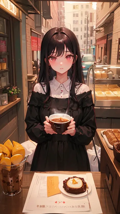 ((Highest quality)), ((masterpiece)), (detailed), Perfect Face、
Her long black hair flowed down to her shoulders.、Fair skin　Bangs　Eating pudding　Pink eyes　Coffee shop
