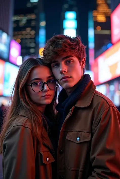 ((best quality)), ((masterpiece)), (detailed), perfect face I WANT AN IMAGE OF Justin Bieber with a brown-haired girl, slim, with brown eyes and glasses in a big city