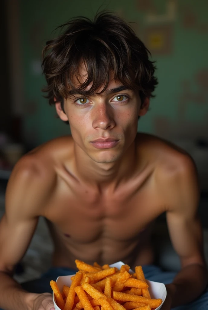 Young man , face perfect, honey eyes , skinny sexy , shirtless big muscular ,short straight rebellious hair, Hes sitting on his bed in the dirty, poor, filthy room in the favela. , He is 18 years old , and is eating extra large salty Doritos