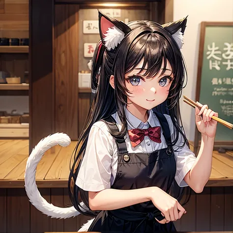 A girl with cat ears and a tail working at a soba noodle shop