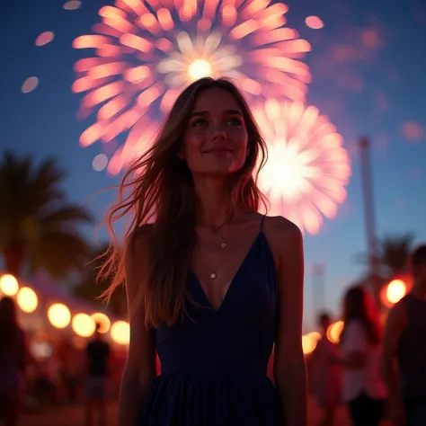 Many fireworks in eyes of young lady at night