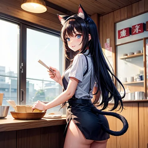 A girl with cat ears and a tail working at a soba noodle shop