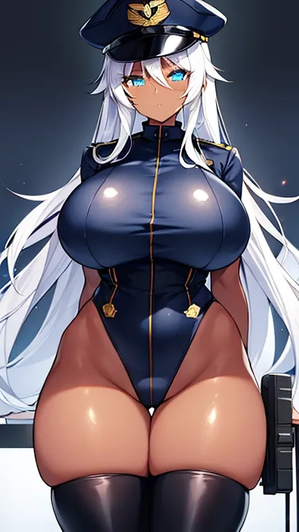 1girl, dark skin, dark-skinned female, police uniform, police, leotard, black leotard, white hair, long hair, blue eyes, police hat, huge breasts, wide hips, thick thighs, policewoman, futuristic, neon trim, science-fiction, machinery, tech, blue trim, glo...