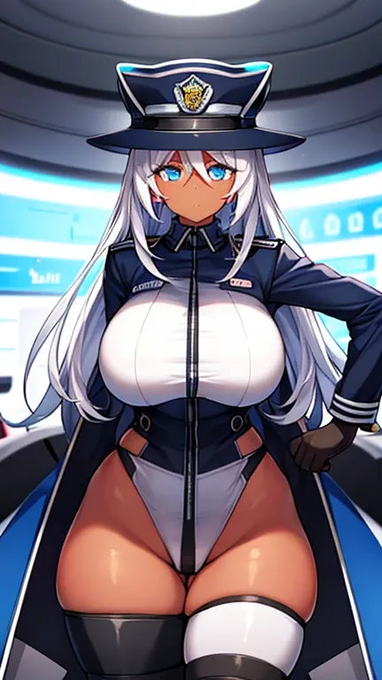 1girl, dark skin, dark-skinned female, police uniform, police, leotard, black leotard, white hair, long hair, blue eyes, police hat, huge breasts, wide hips, thick thighs, policewoman, futuristic, neon trim, science-fiction, machinery, tech, blue trim, glo...