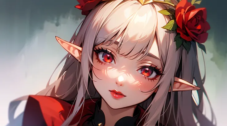 (masterpiece),(best quality:1.0),girl , elf, hair rose, withe dress (ultra high resolution:1.0), Detailed illustration, 8K, animated, 1 girl, beautiful animated girl, wearing a red dress, flower crown, pretty face, detailed face, Eyes beautiful, detailed e...