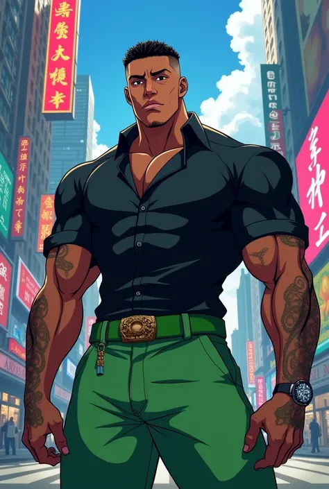 Black anime man, Cao Cao, with freckles on his face, black shirt and green shorts, masculine, low fade buzz cut